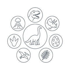Fototapeta premium Collection of line art icons representing dinosaurs and prehistoric elements