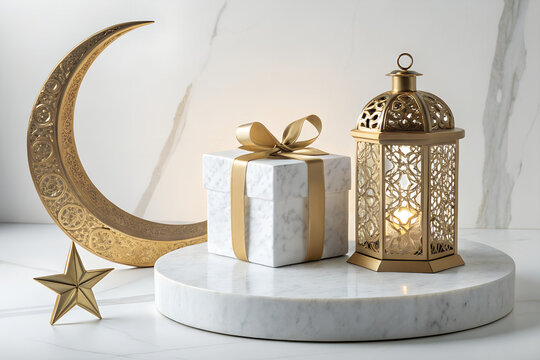 Elegant ramadan decoration featuring a golden crescent moon gift box