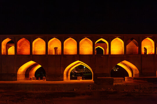 Night Detail of Khaju Bridge in Isfahan, Iran: Illuminated Historic Arches and Persian Architecture