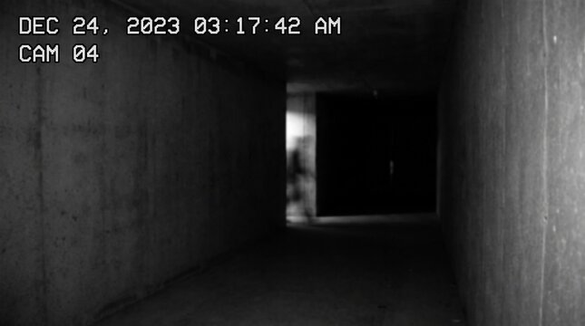 Concrete tunnel interior is depicted in grainy surveillance footage style