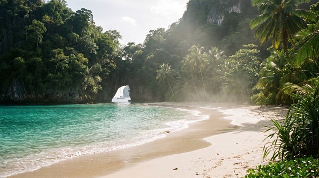 Turquoise water laps sandy shore near lush tropical vegetation