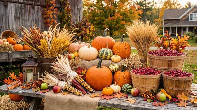 Colorful autumn garden display with pumpkins and flowers in pots