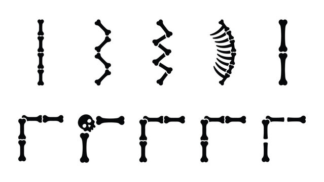 Halloween skeleton bone borders and dividers set in black vector silhouettes