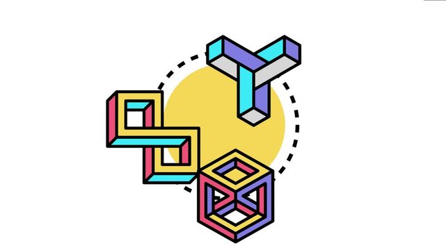 Blank outlined square with an impossible cube, penrose triangle, and a connected ring structure illustrates complex and paradoxical thinking within an artistic and conceptual visual