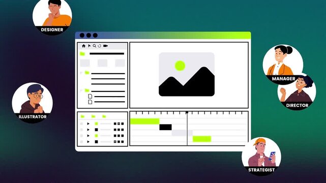 Creative team collaboration software interface animation showing professional project workflow editing process with digital design tools for modern media video footage