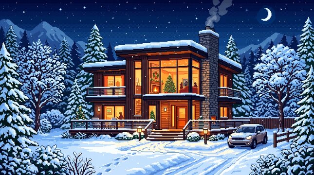 Modern house with lights on in snowy mountain village at night