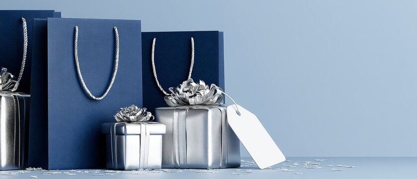 Elegant holiday gifts with blue shopping bags and blank gift tag for christmas promotions and seasonal discounts