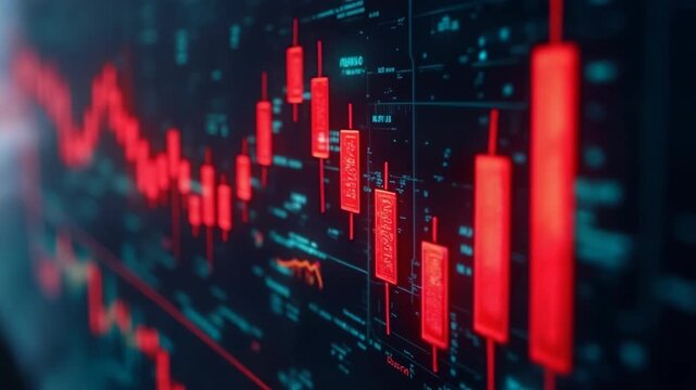 Close-up view of a digital red candlestick chart indicating a strong market downtrend. The image represents financial crisis, trading, and stock market decline, ideal for economic analysis concepts.