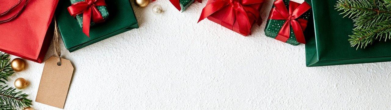 Festive christmas sale background with gift boxes blank tag and seasonal decorations for holiday promotions