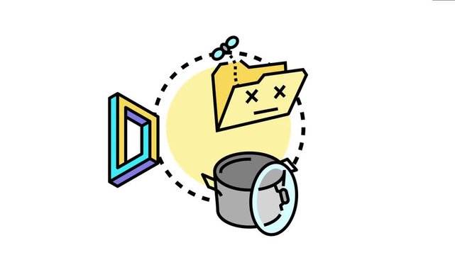 Three abstract modern icons connected by a dashed line, symbolizing various digital problems, data loss, and error messages encountered in technology