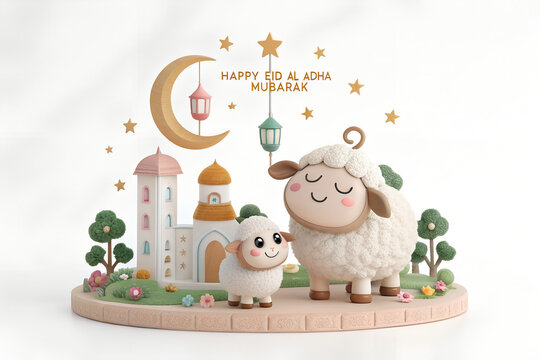 Happy eid al-adha mubarak celebration decoration with sheep and crescent moon