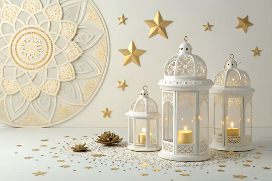 White ramadan lanterns with burning candles and decorative golden stars