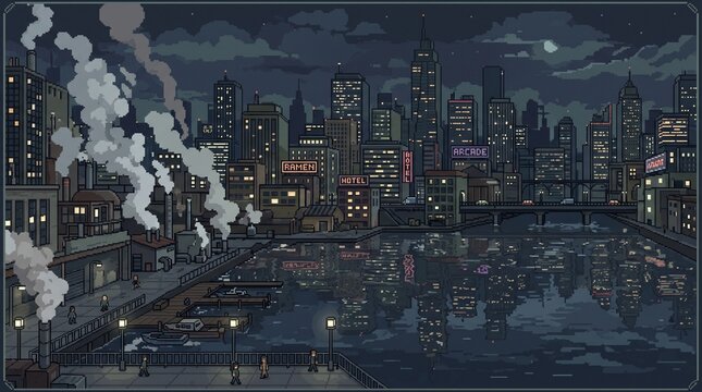City skyline at night with illuminated buildings and reflections