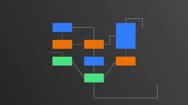 Colorful geometric flowchart boxes connecting via thin white lines in a digital motion animation showing professional organizational structure system workflow