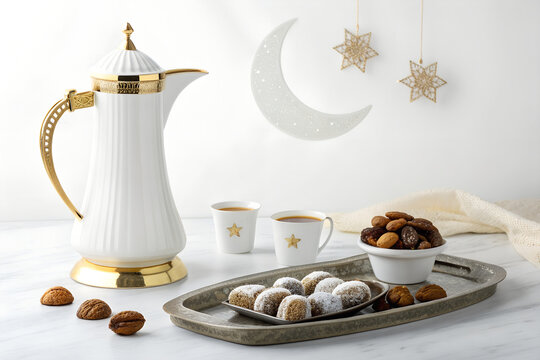 Arabic coffee pot with cups and dates on tray decorated for ramadan celebration