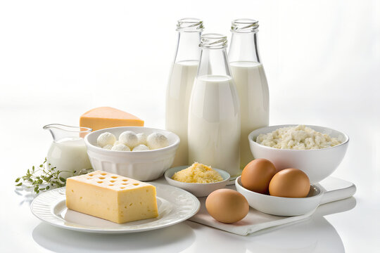 Fresh dairy products including milk bottles cheese eggs and cottage cheese