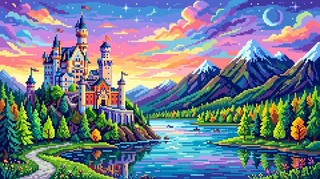 Colorful pixel art castle by a lake with mountains at sunset