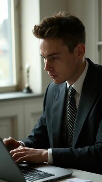 Young businessman in office working on computer fashion editorial shot, high-fashion imagery, avant-garde aesthetics, editorial storytelling, conveying fashion trends and concepts, ar.