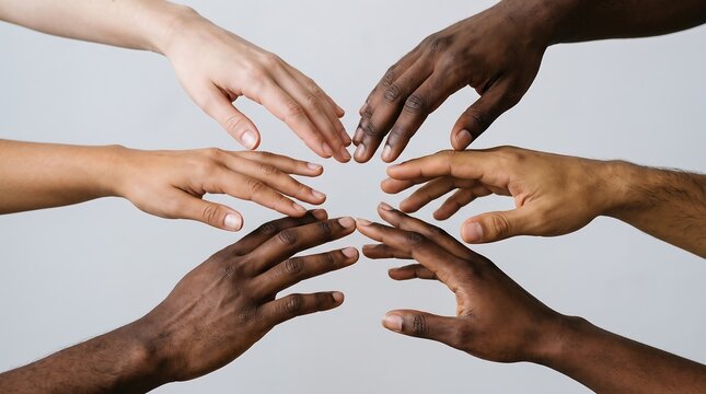Diverse hands reaching together for unity and teamwork