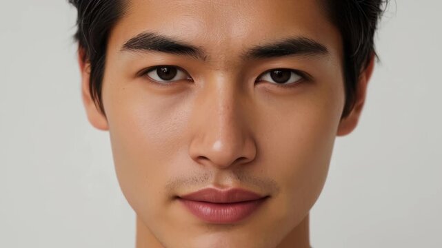 Young asian man portrait face close up neutral expression clean light background adult SEO