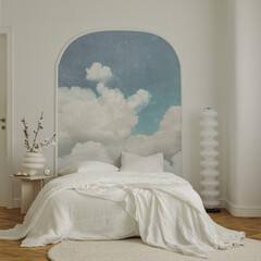 Modern minimalist bedroom interior with sky mural wallpaper, white bed linen, arch design wall, cozy decor, and serene dreamy aesthetic atmosphere © FollowTheFlow