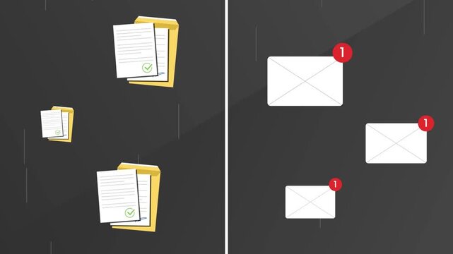 Digital folders and white email notifications floating in rhythmic motion within this minimalist business animation for professional web interface design