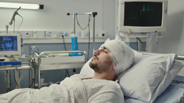 Man lying in hospital bed with medical equipment.