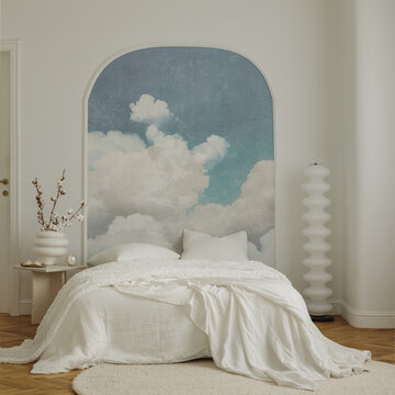 Modern minimalist bedroom interior with sky mural wallpaper, white bed linen, arch design wall, cozy decor, and serene dreamy aesthetic atmosphere