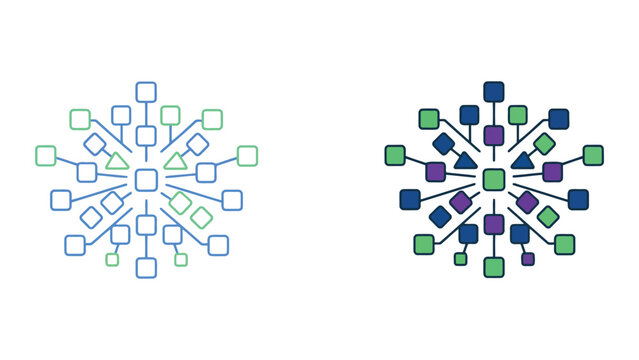 Centralized network hub icon set representing connected data systems