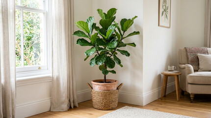 Fototapeta premium Fiddle leaf fig tree in terracotta pot and basket in bright living room