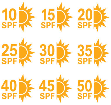 Collection of SPF sun protection factor icons numbered 10 to 50 representing sun safety and skincare isolated on white background