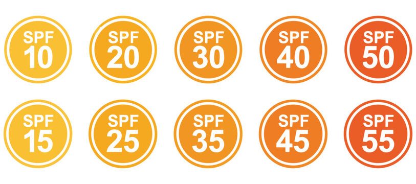 Collection of SPF icons from 10 to 55 representing sun protection factor levels for sunscreen and skincare products isolated on white