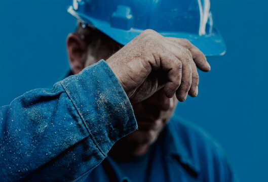Exhausted construction worker wiping sweat from forehead
