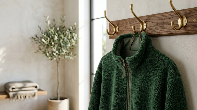 Green fleece jacket hanging on brass hook. Wall mounted wooden coat rack in bright entryway. Cozy home interior