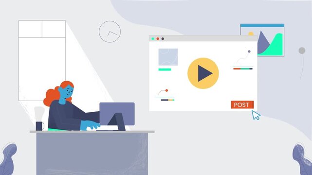 Professional woman working on digital content creation at computer in modern office environment with motion video animation loop sequence display