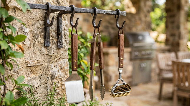Grilling tools hanging on a metal hook rack against a stone wall. Spatula, tongs, and cleaning brush with wooden handles. Outdoor patio kitchen barbecue concept