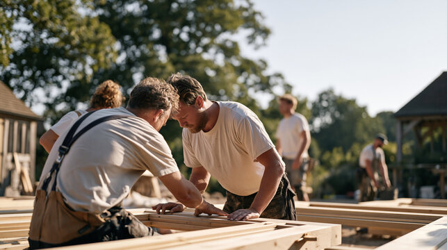 A team of joiners works across a quiet rural workshop landscape, timber frames spread across a sunlit yard, the group collaborating over handcrafted door construction, traditional