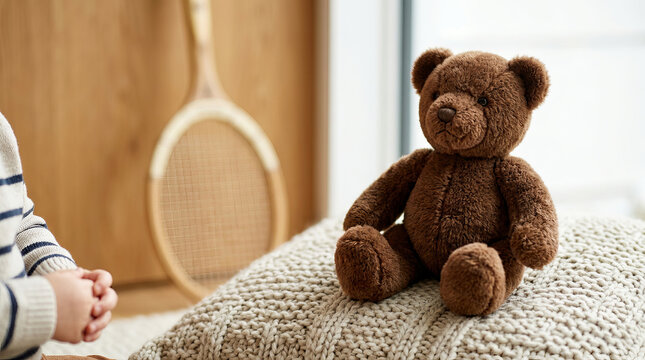 Brown teddy bear sitting on a chunky knit wool pillow. Vintage wooden tennis racket in a cozy child room setting