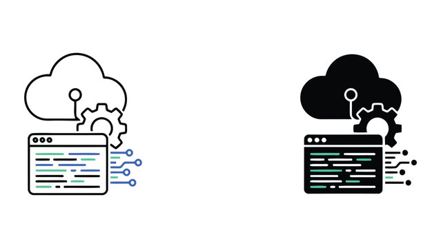 Cloud software development and deployment icon set with software, development