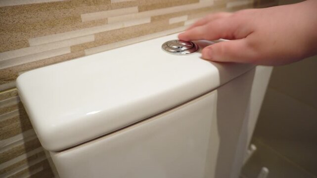 Toilet tank repair. Hands remove or install the white ceramic tank lid. Chrome double flush button. Maintenance and repair of plumbing in the bathroom.