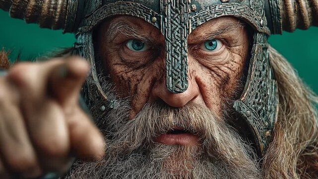 Close Up of Fierce Viking Warrior Pointing at Camera on Green Screen.