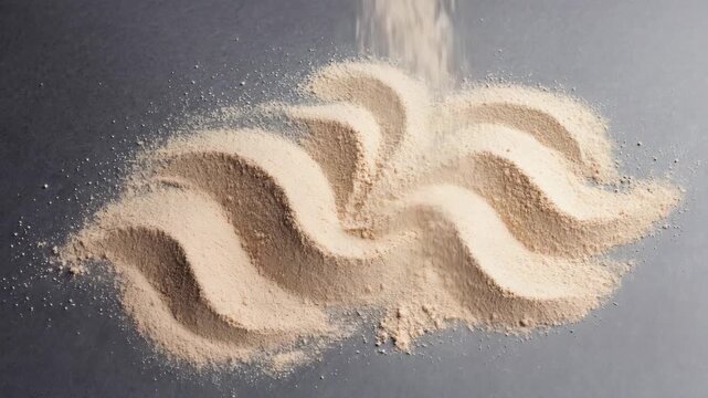 Fine, aromatic coffee powder in a swirling pattern on a dark background.
