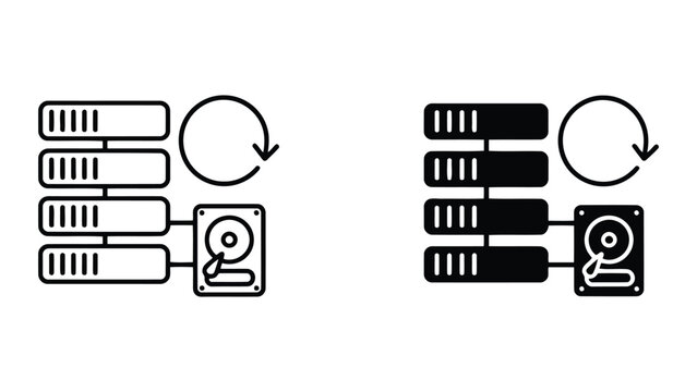 Server data backup and synchronization with circular arrow and hard drive vector