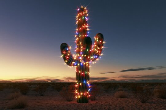 Christmas Lights on Saguaro Cactus at Sunset in the American Southwest Desert