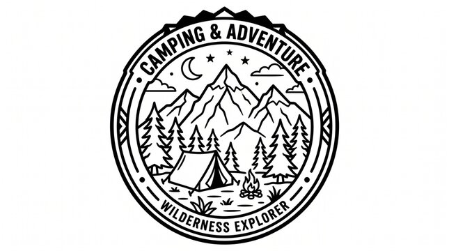 Vintage camping and adventure badge, wilderness explorer line art emblem, mountain landscape with tent and campfire illustration