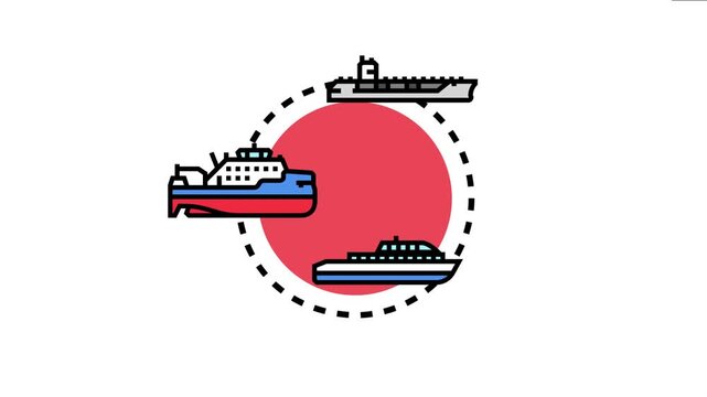 Nautical vessels in a concept collection of different ship types, including a freighter, ferry, and yacht, with a dashed circular frame