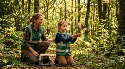 Fototapeta premium A young boy releases a bird into a forest with a woman supervising.