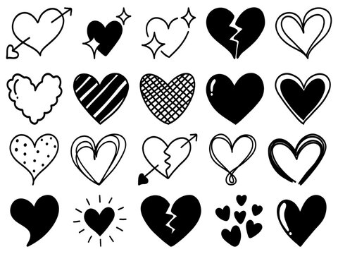 Hand Drawn Hearts Doodle Set, Cute Love Broken Heart Arrow Vector Illustration