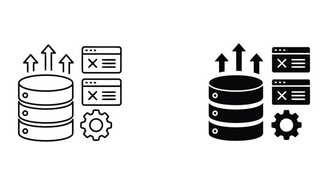 Database management and server hosting icon set with database, management