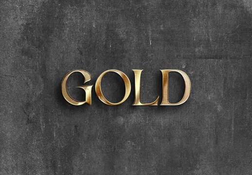 Golden 3D Text Logo Mockup on Dark Concrete Wall Background